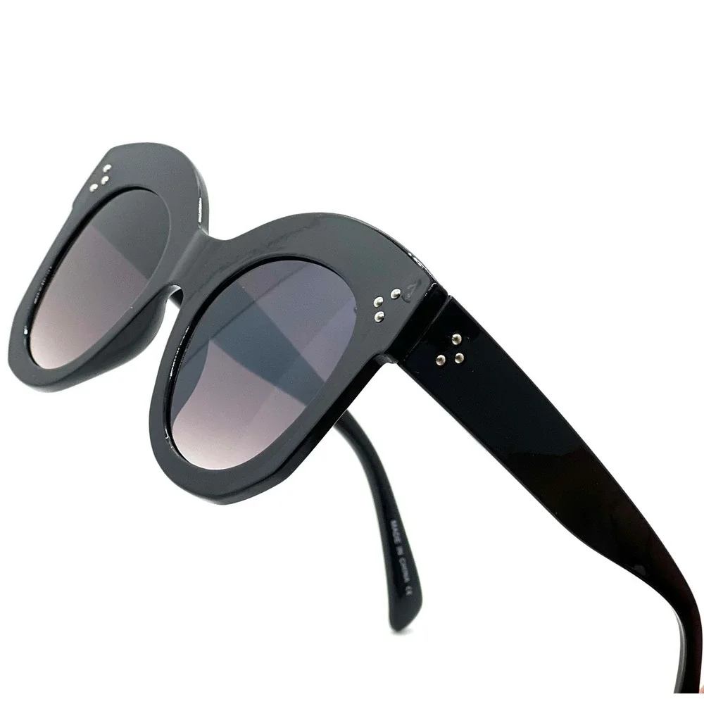Black Oversized Cat Eye Sunglasses Gradient Smoke Lens‎ Silver Stud Accents NEW